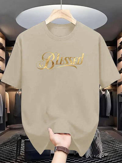 Men's "Blessed" Golden Letter Print Maroon Casual Short Sleeve T-Shirt - Summer Outdoor Gym Training Tee Maximus Echo