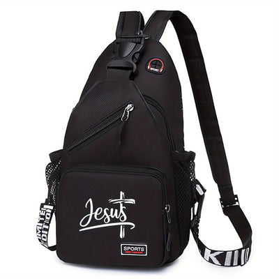 1pc Jesus Printed Crossbody Bag - Large Capacity, Adjustable Strap, Lightweight & Foldable, Black or, Perfect for Outdoor Travel, Work, and Casual Use, Work Accessory | Foldable Design | Durable Polyester - Maximus Echo