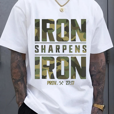 Men's 100% Cotton T-Shirt with Camouflage Pattern & "IRON SHARPENS IRON" Proverbs 27:17 Breathable Regular Fit, Machine Washable - Maximus Echo