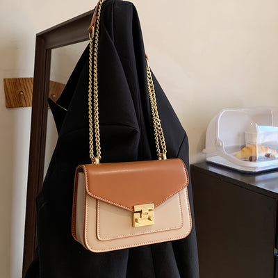 Elegant Beige & Brown Mini Turnlock Square Shoulder Bag with Golden Chain Strap | Office Bag, Chain Strap Bag, Turnlock Closure, Ideal for Work, Office - Maximus Echo