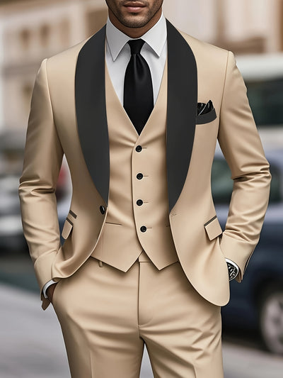 Men's 3pcs suit, plain color green fruit collar suit with jacket and formal trousers, suitable for business gatherings, graduation ceremonies, weddings and parties - Maximus Echo