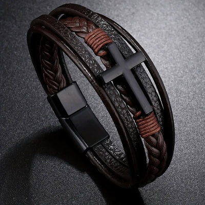 1pc PU Leather Fashion Magnetic Buckle Cross Simple Men's Versatile Woven Bracelet, Father's Day Gift - Maximus Echo