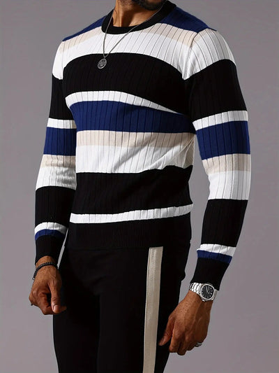 Men's Striped Color-Block Ribbed Knit Sweater - Long Sleeve Round Neck Pullover with Elastic