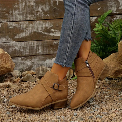 Women's Ankle Boots with Adjustable Buckle Straps & Side Zipper Closure