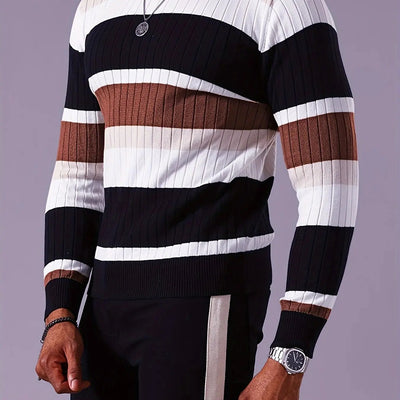 Men's Striped Color-Block Ribbed Knit Sweater - Long Sleeve Round Neck Pullover with Elastic