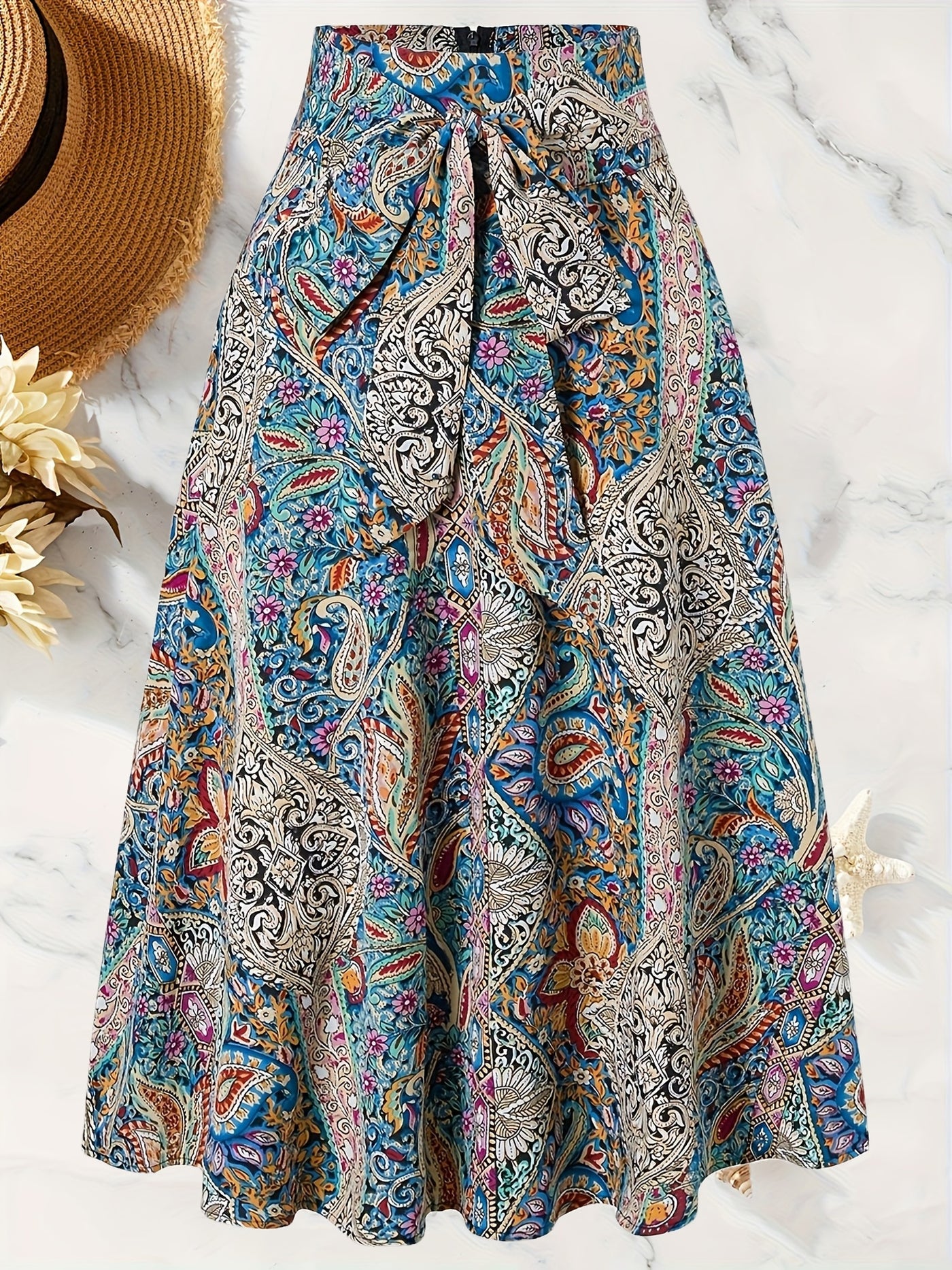 Women's Bohemian Floral Print A-Line Midi Skirt - Vibrant Paisley & Blossom Design, High-Waisted Casual Spring/Summer Skirt, Polyester, Machine Washable, High Waisted Skirt - Maximus Echo
