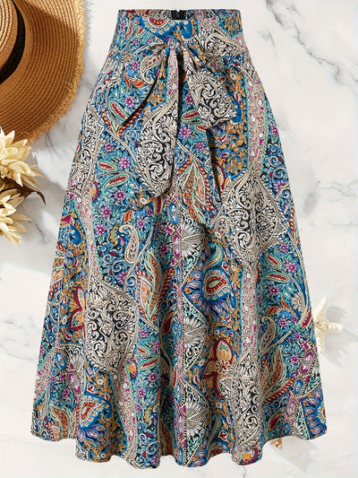 Women's Bohemian Floral Print A-Line Midi Skirt - Vibrant Paisley & Blossom Design, High-Waisted Casual Spring/Summer Skirt, Polyester, Machine Washable, High Waisted Skirt - Maximus Echo