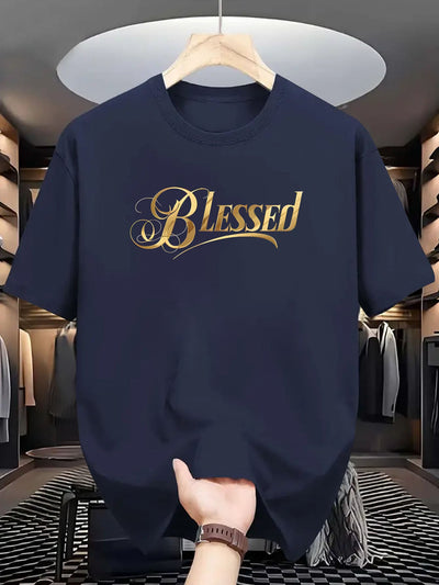 Men's "Blessed" Golden Letter Print Maroon Casual Short Sleeve T-Shirt - Summer Outdoor Gym Training Tee Maximus Echo