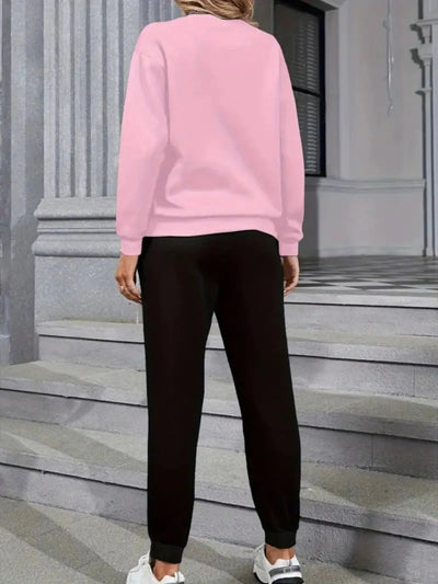 Women'S Casual Sports Fashion Bear Basketball Pattern Crew Neck Sweatshirt Set with Knit Fabric, 100% Polyester Material, Fall/Winter Season