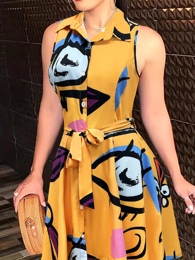 Sexy Pendulum Abstract Print Dress - Sleeveless, Lapel Collar, Tie-Waist, Belted, Semi-Sheer, Machine Washable, Perfect for Summer - Maximus Echo