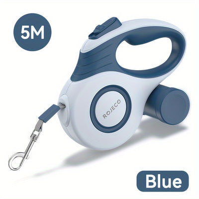 ROJECO Automatic Retractable Dog Leash - 16ft Durable Nylon Extendable Lead for Small to Large Dogs, Blue & White Geometric Design, Leash for Easy Walking and Control - Maximus Echo