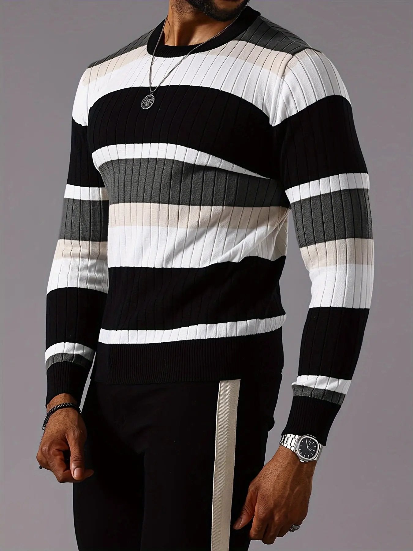 Men's Striped Color-Block Ribbed Knit Sweater - Long Sleeve Round Neck Pullover with Elastic
