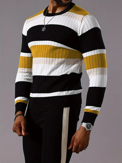 Men's Striped Color-Block Ribbed Knit Sweater - Long Sleeve Round Neck Pullover with Elastic