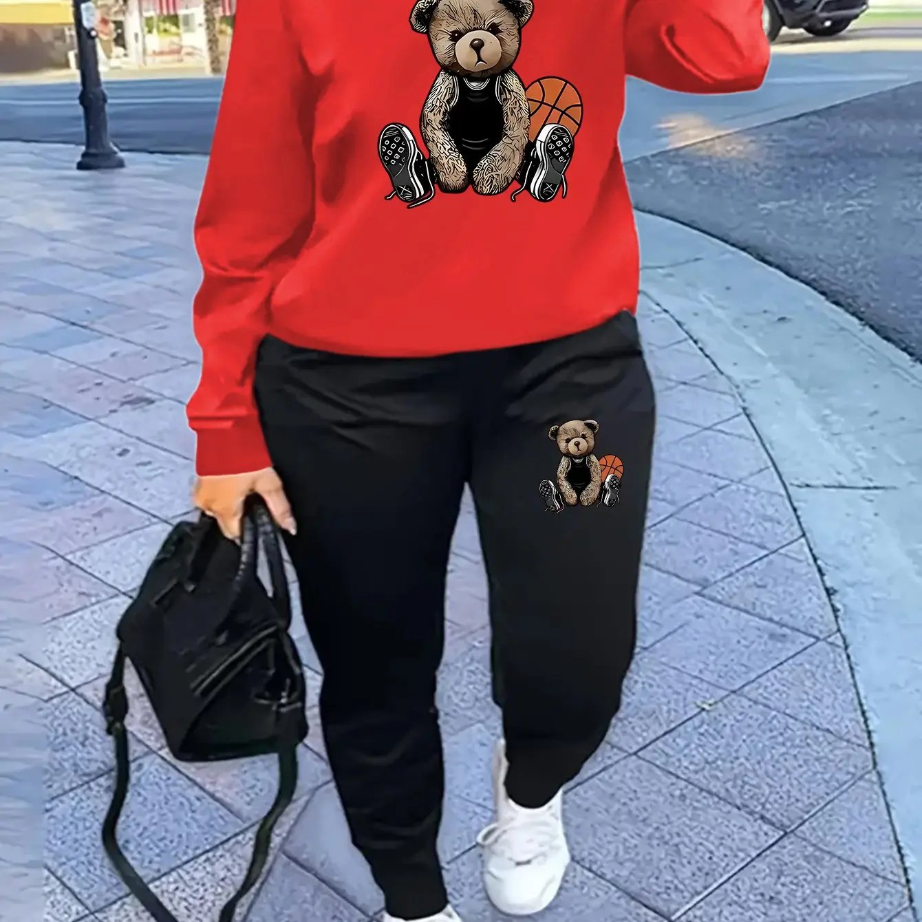 Women'S Casual Sports Fashion Bear Basketball Pattern Crew Neck Sweatshirt Set with Knit Fabric, 100% Polyester Material, Fall/Winter Season