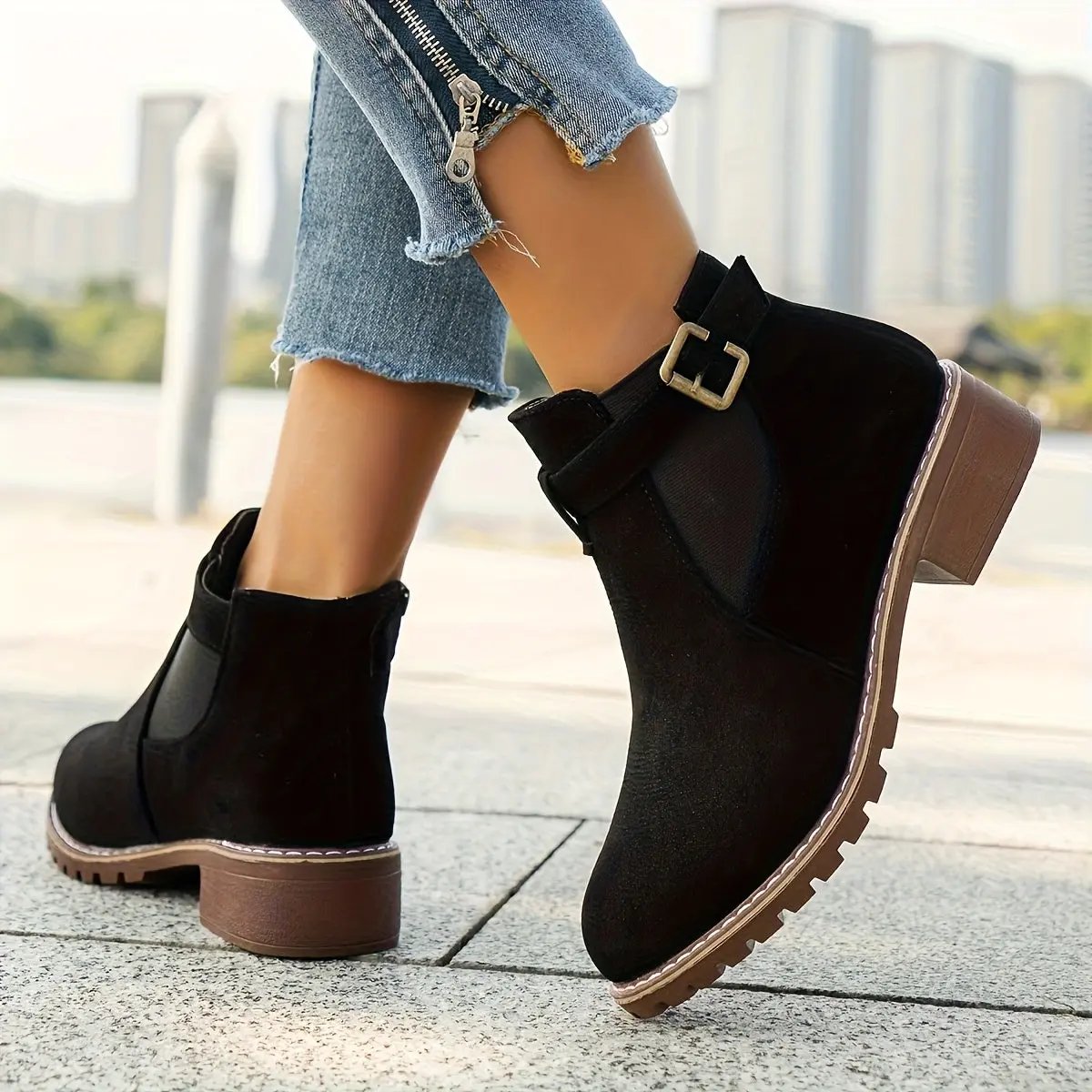 Women's Slip-On Low Heel Ankle Boots - Sporty Chic Round Toe with Decorative Buckle