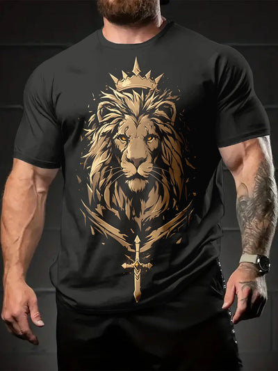 Golden Lion Crew Neck T-Shirt - Kingly Lion Crown Sword, Short Sleeve, Casual Maximus Echo