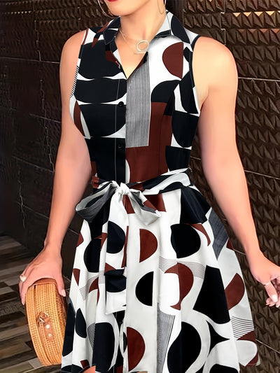 Sexy Pendulum Abstract Print Dress - Sleeveless, Lapel Collar, Tie-Waist, Belted, Semi-Sheer, Machine Washable, Perfect for Summer - Maximus Echo