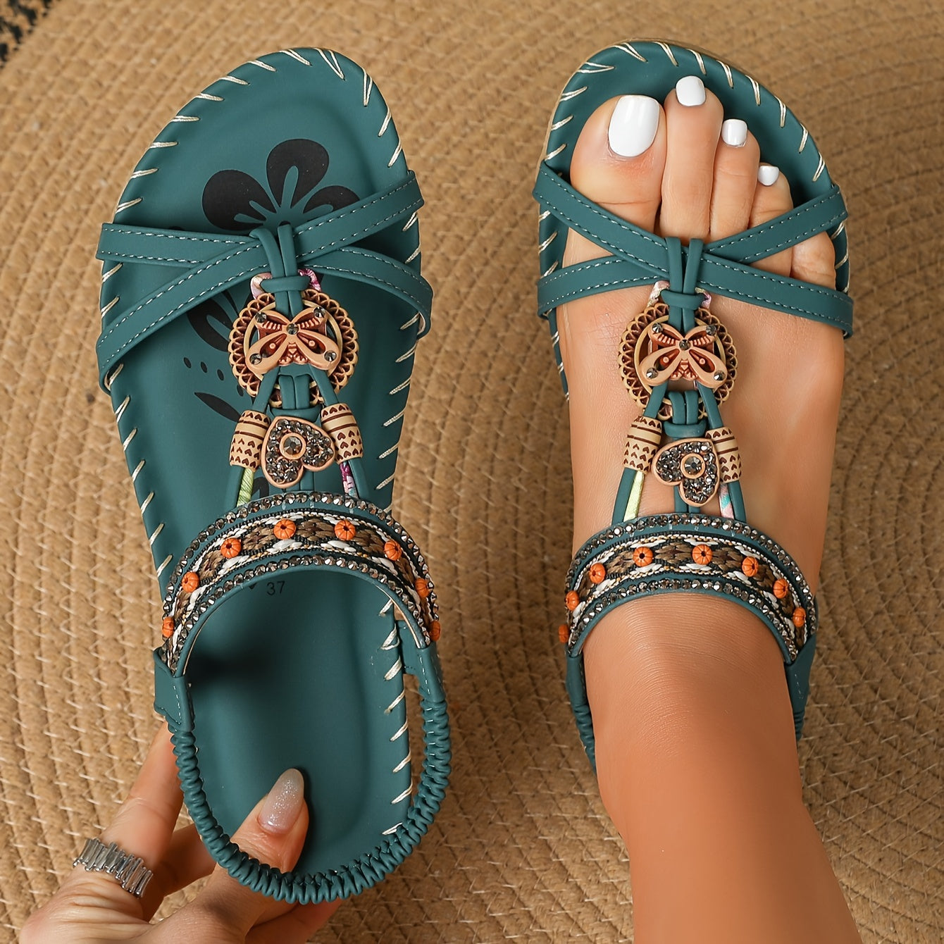 Summer Beach Sandals, Tribal Style Striped Flats for Women with Rhinestone Accents Maximus Echo