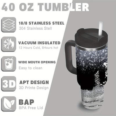 1pc 40oz Queen Crown Glitter Tumbler with Handle, Stainless Steel Double-Wall Vacuum - Maximus Echo