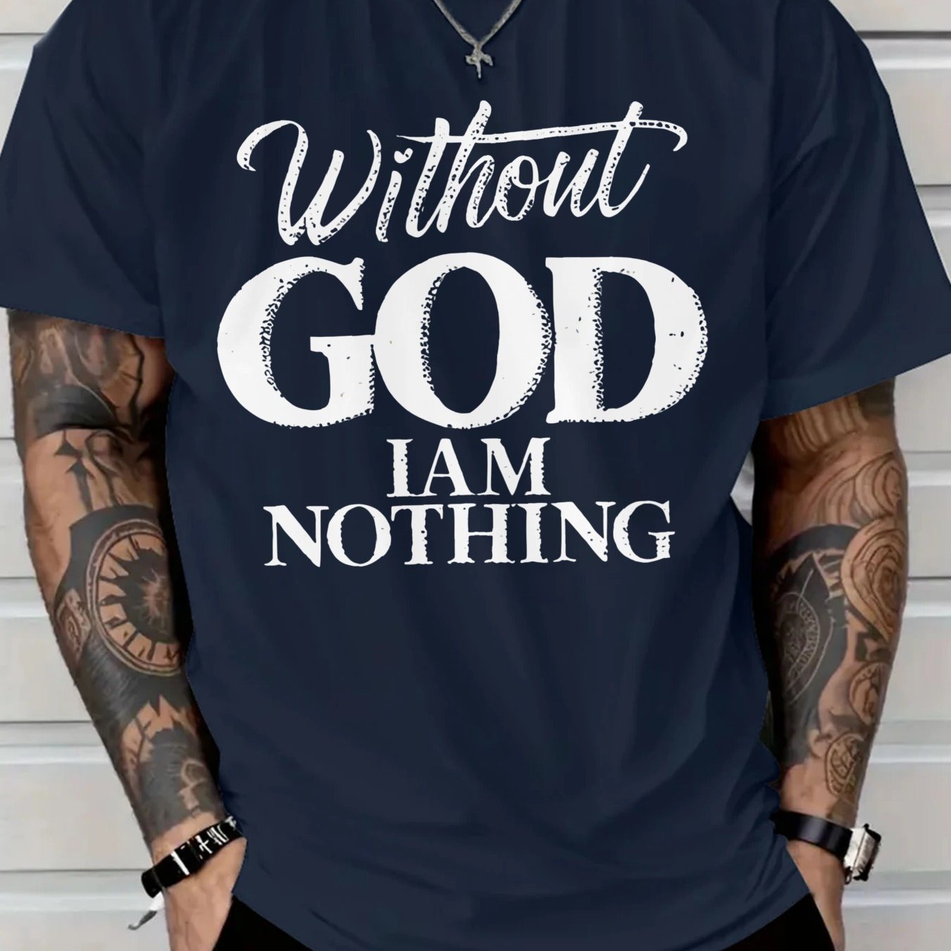 Men's 180g Heavyweight Cotton T-Shirt with "Without GOD I AM NOTHING" Inspirational Print - Navy Blue Casual Round Neck Short Sleeve Tee, Machine Washable - Maximus Echo
