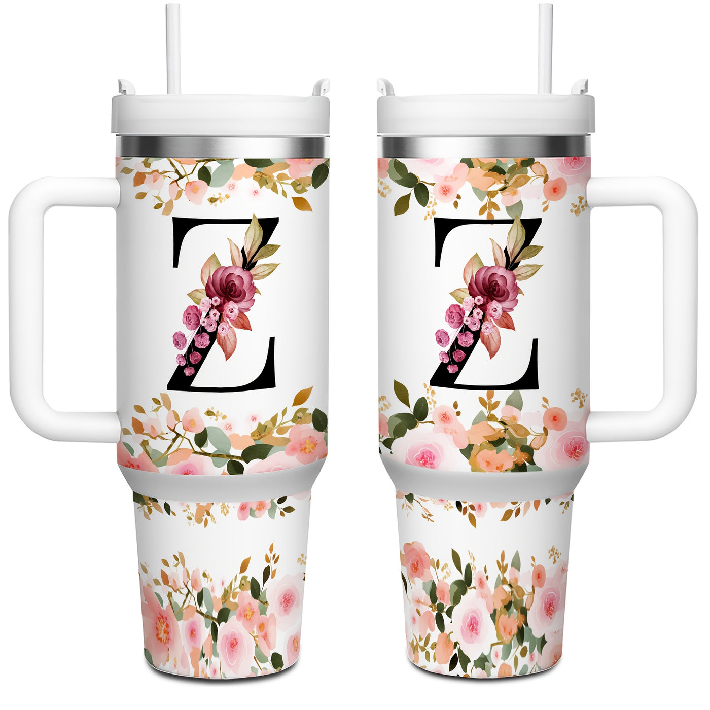 1pc 40oz "A-Z Floral Letters" Stainless Steel Travel Cup, Keeps Hot 12h Cold 24h. Coffee Cup - Maximus Echo