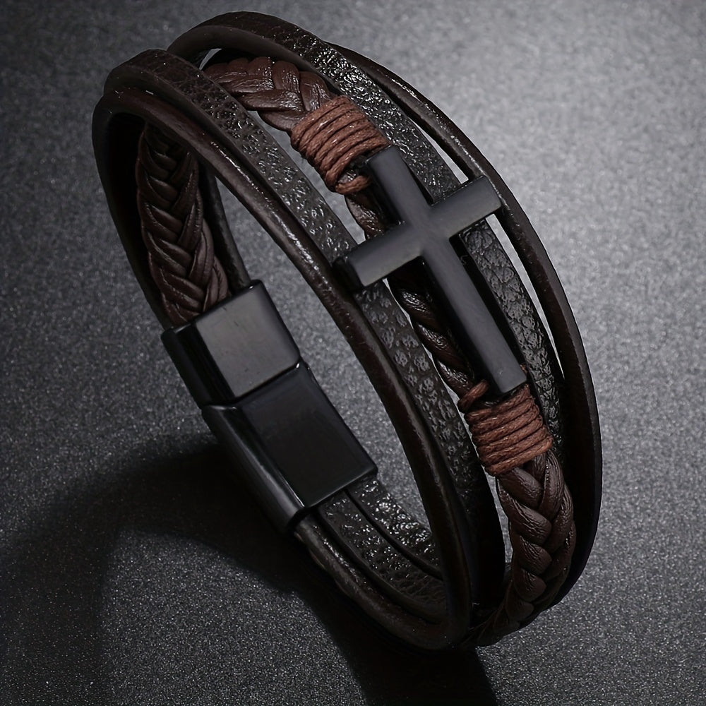 1pc PU Leather Fashion Magnetic Buckle Cross Simple Men's Versatile Woven Bracelet, Father's Day Gift - Maximus Echo