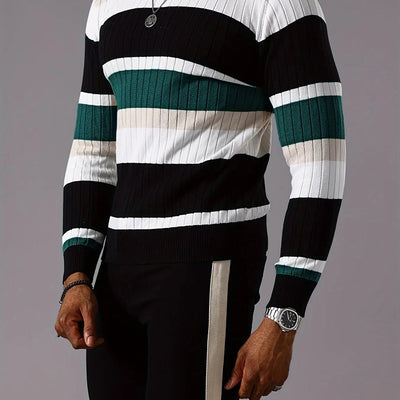 Men's Striped Color-Block Ribbed Knit Sweater - Long Sleeve Round Neck Pullover with Elastic