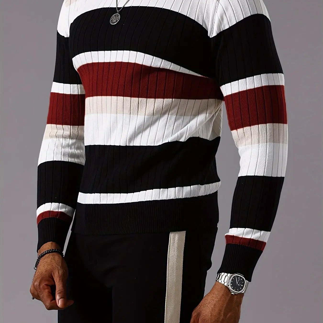 Men's Striped Color-Block Ribbed Knit Sweater - Long Sleeve Round Neck Pullover with Elastic