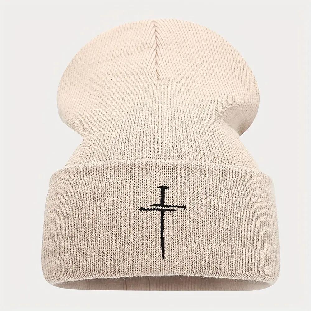 Unisex White & Blue/ Grey Knit Beanie Hats with Cross- Winter