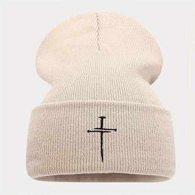 Unisex White & Blue/ Grey Knit Beanie Hats with Cross- Winter