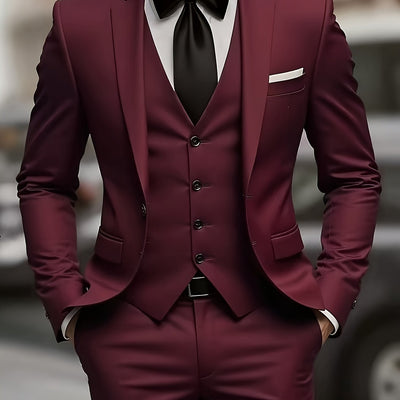 Men's 3pcs suit, plain color green fruit collar suit with jacket and formal trousers, suitable for business gatherings, graduation ceremonies, weddings and parties - Maximus Echo
