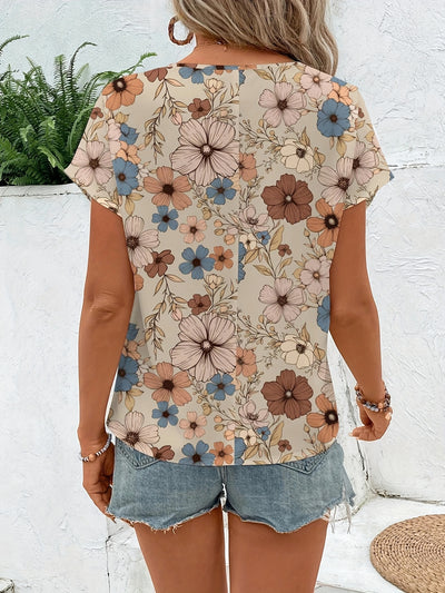 Women'S Elegant Floral Print V-Neck Blouse, Short Sleeve, Regular Fit, Spring/Summer Casual Retro Top, Floral Print Blouse - Maximus Echo