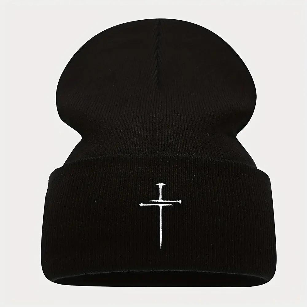 Unisex White & Blue/ Grey Knit Beanie Hats with Cross- Winter
