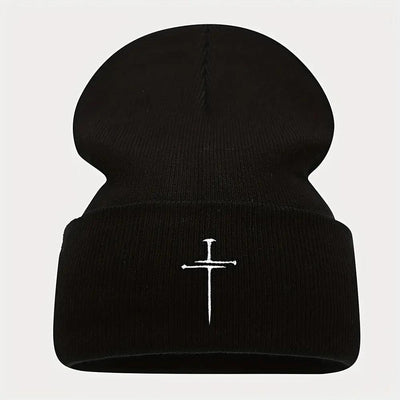 Unisex White & Blue/ Grey Knit Beanie Hats with Cross- Winter