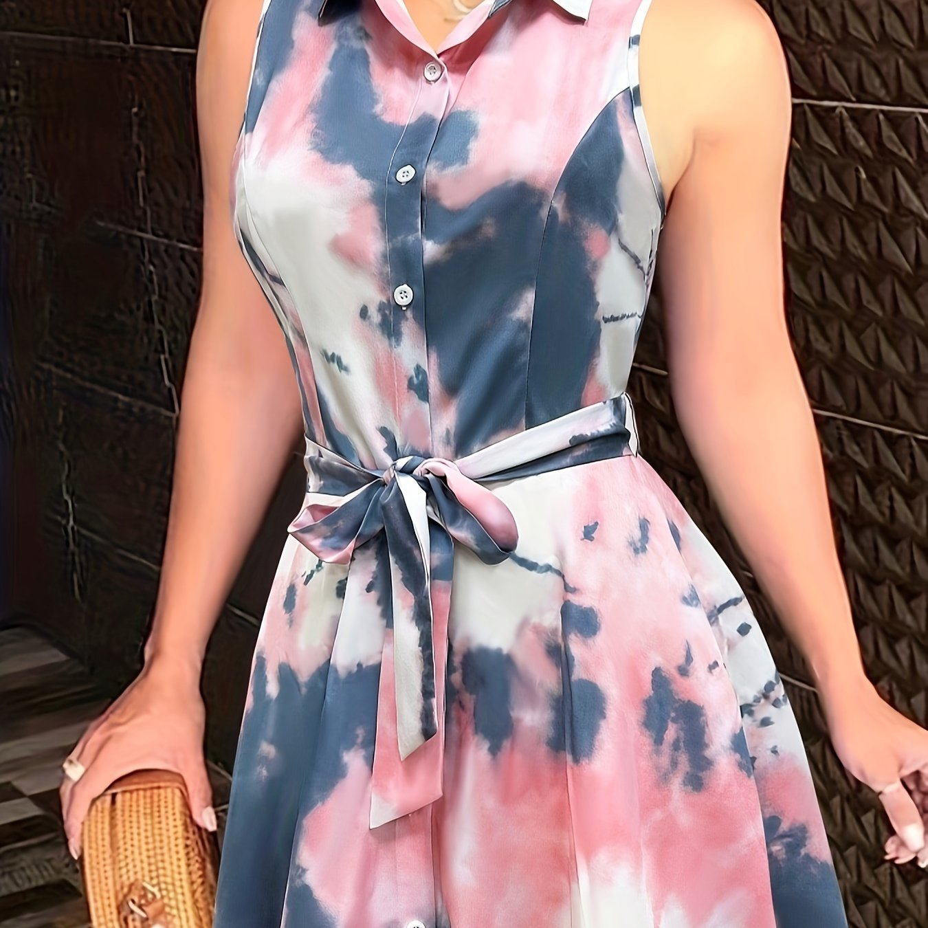 Sexy Pendulum Abstract Print Dress - Sleeveless, Lapel Collar, Tie-Waist, Belted, Semi-Sheer, Machine Washable, Perfect for Summer - Maximus Echo