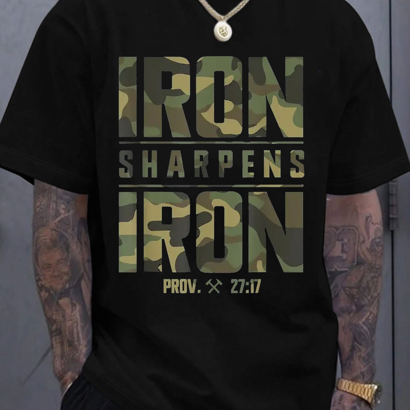 Men's 100% Cotton T-Shirt with Camouflage Pattern & "IRON SHARPENS IRON" Proverbs 27:17 Breathable Regular Fit, Machine Washable - Maximus Echo