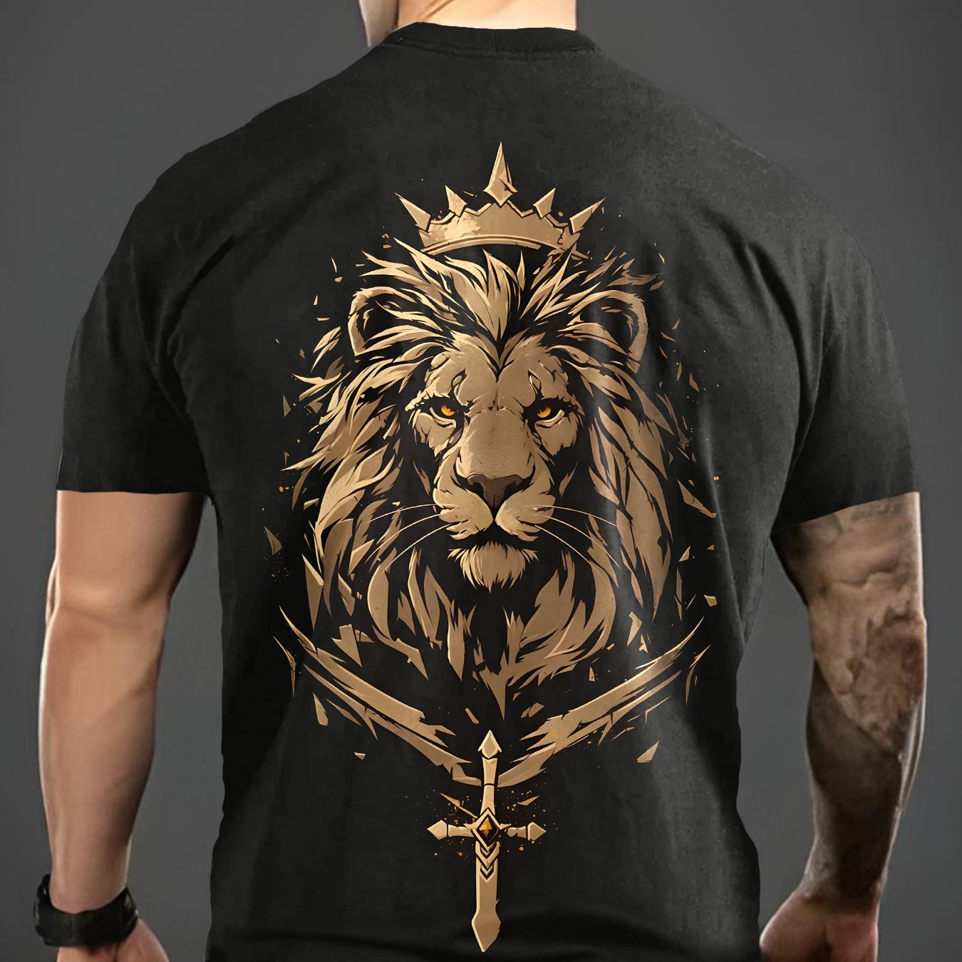 Golden Lion Crew Neck T-Shirt - Kingly Lion Crown Sword, Short Sleeve, Casual Maximus Echo