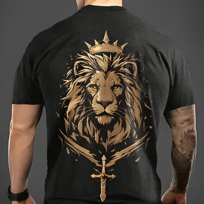 Golden Lion Crew Neck T-Shirt - Kingly Lion Crown Sword, Short Sleeve, Casual Maximus Echo