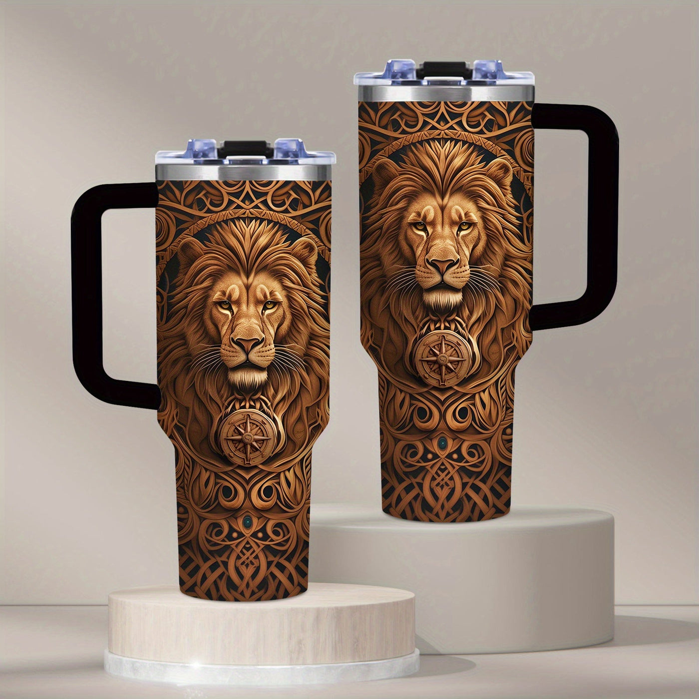 1-Pack Men's Lion Design Insulated Bottle Cup - Brown Lion Head, Leakproof Coffee Cup , Heavy-Duty 304 Stainless Steel Travel Mug (40oz) Maximus Echo
