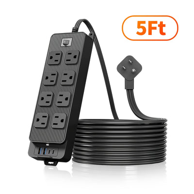 Protector Outlet Extender Power Strip with 5ft/10ft Thin Flat Extension Cord, 8 Widely Distributed AC Outlets, 4 USB Charging Ports (2 USB A & 2 USB C), Desk Charging Station, Compact Power Strip Outlet Extend - Maximus Echo