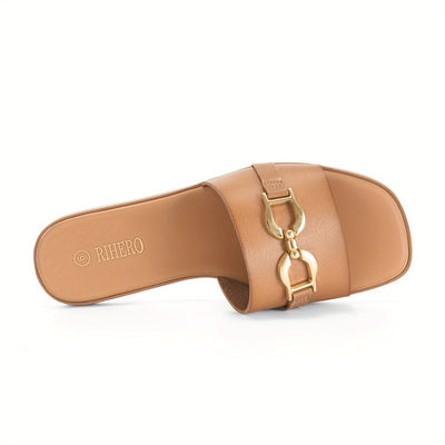 Women's Summer Flat Sandals - Comfortable Sandals with Golden Chain Detail, Travel, Casual Outings, Elegant Footwear - Maximus Echo