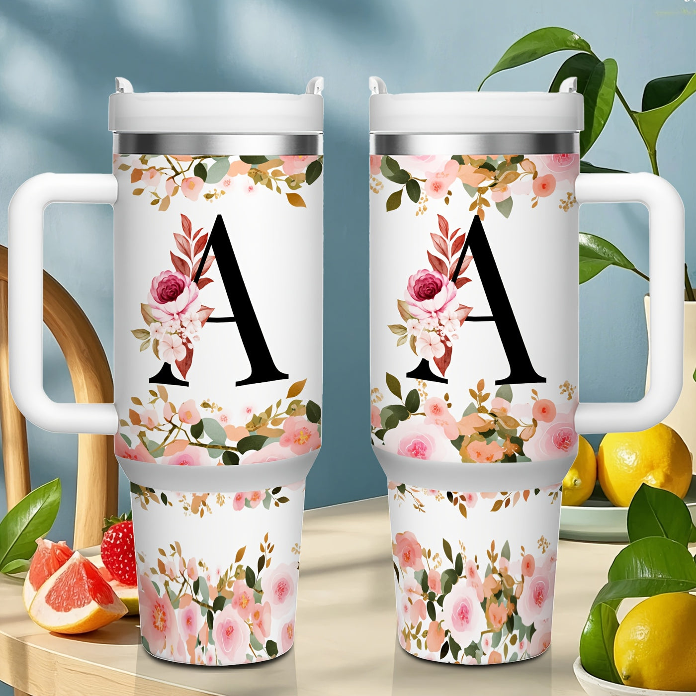1pc 40oz "A-Z Floral Letters" Stainless Steel Travel Cup, Keeps Hot 12h Cold 24h. Coffee Cup - Maximus Echo