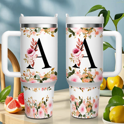 1pc 40oz "A-Z Floral Letters" Stainless Steel Travel Cup, Keeps Hot 12h Cold 24h. Coffee Cup - Maximus Echo