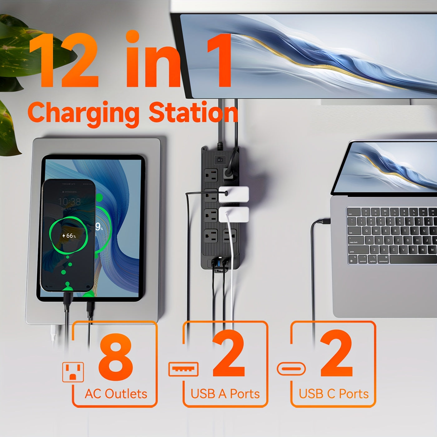 Protector Outlet Extender Power Strip with 5ft/10ft Thin Flat Extension Cord, 8 Widely Distributed AC Outlets, 4 USB Charging Ports (2 USB A & 2 USB C), Desk Charging Station, Compact Power Strip Outlet Extend - Maximus Echo