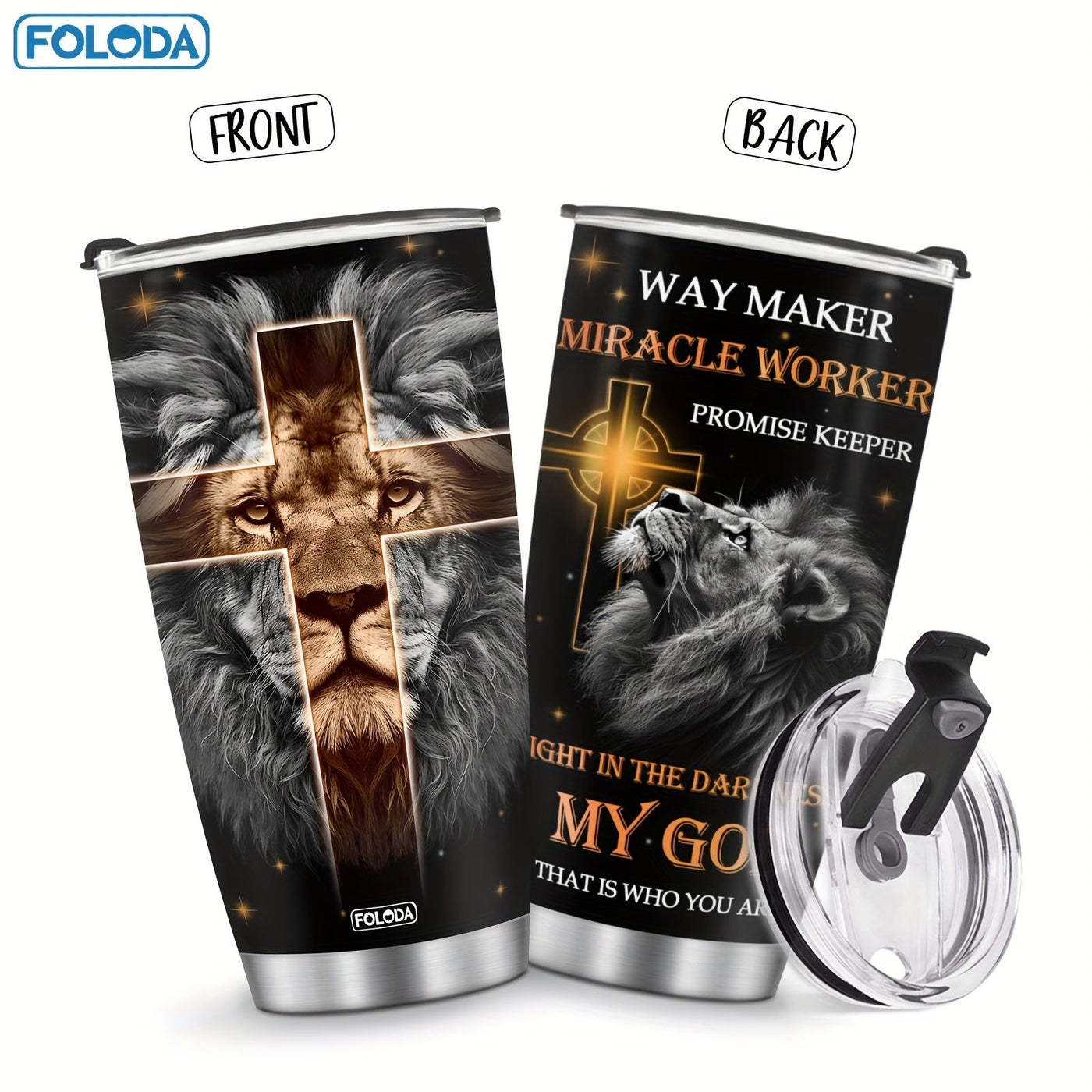 Foloda 20oz Lion-Themed Stainless Steel Tumbler with Lid - Inspirational Design Maximus Echo