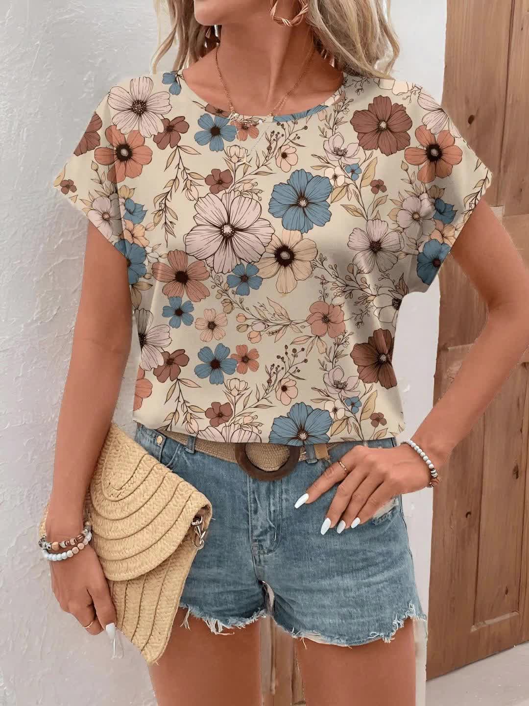 Women'S Elegant Floral Print V-Neck Blouse, Short Sleeve, Regular Fit, Spring/Summer Casual Retro Top, Floral Print Blouse - Maximus Echo