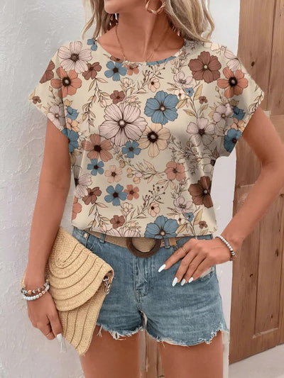 Women'S Elegant Floral Print V-Neck Blouse, Short Sleeve, Regular Fit, Spring/Summer Casual Retro Top, Floral Print Blouse - Maximus Echo