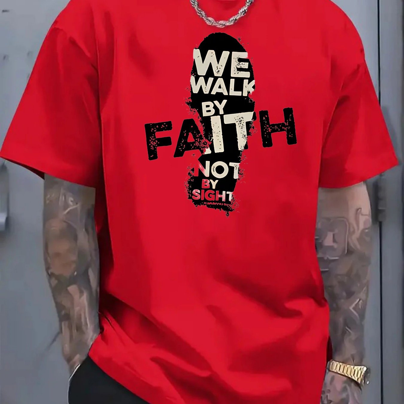 Men's 180g Cotton T-Shirt with "We Walk by Faith Not by Sight"- Casual Round Neck Short Sleeve Tee, Machine Washable, Durable Fabric Shirt - Maximus Echo