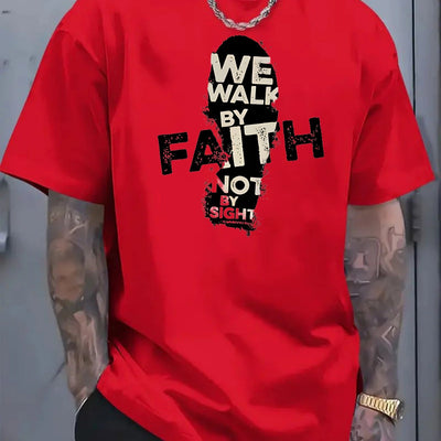 Men's 180g Cotton T-Shirt with "We Walk by Faith Not by Sight"- Casual Round Neck Short Sleeve Tee, Machine Washable, Durable Fabric Shirt - Maximus Echo