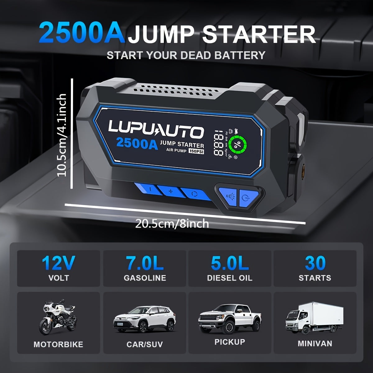 50000mAh Portable Wireless Car Air Compressor, Battery Jump Starter Portable Peak, Car Battery Charger Portable For 150PSI 12V(7.0LGas/5.0LDiesel) Start The Car Quickly - Maximus Echo